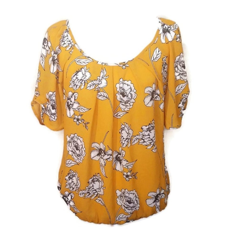 SARA MICHELLE Yellow White Black Floral Blouse Large